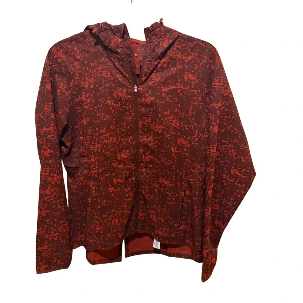 Brooks Canopy Women's Large Jacket Red Orange‎ Digital Camo Windbreaker Hooded